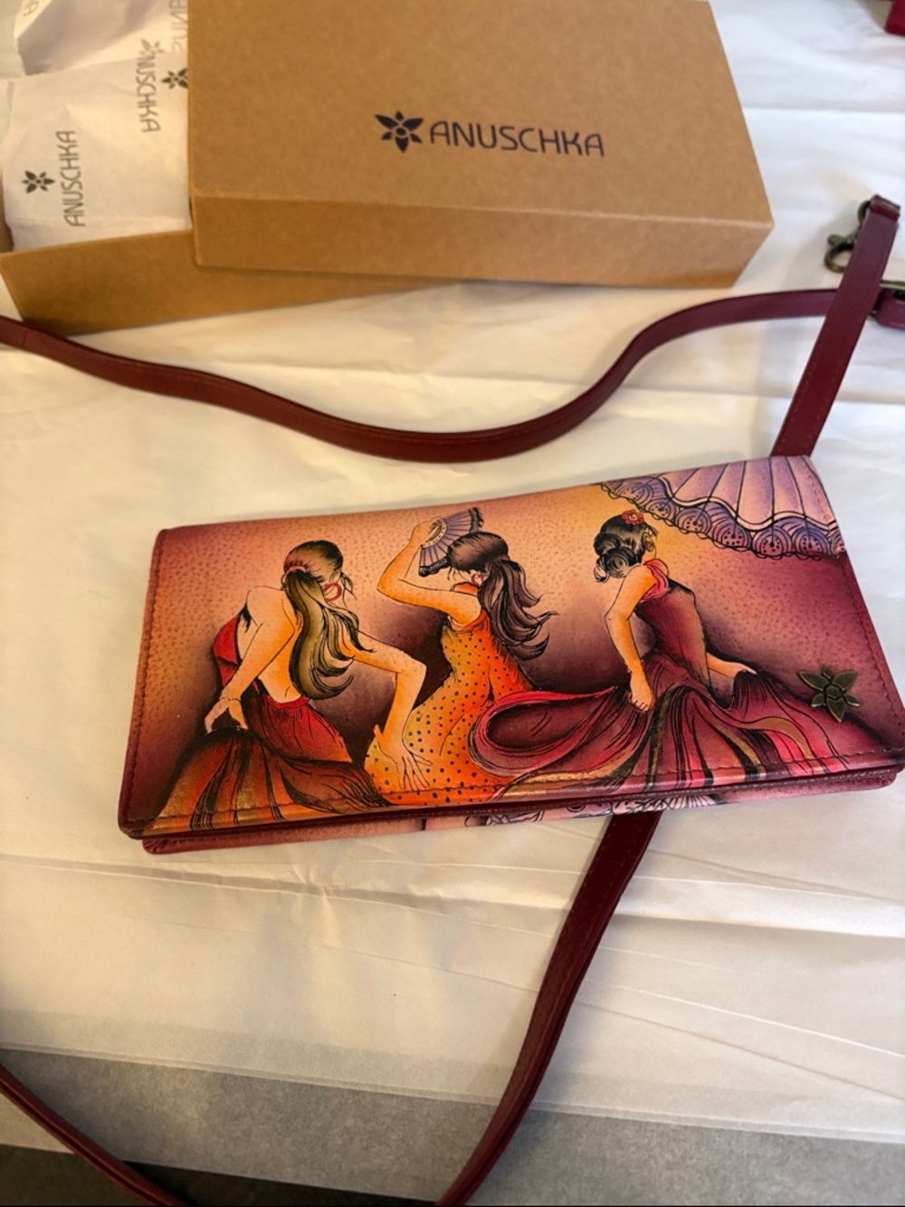 Anuschka Hand-Painted Leather Clutch in Burgundy and Multi flamenco dancer